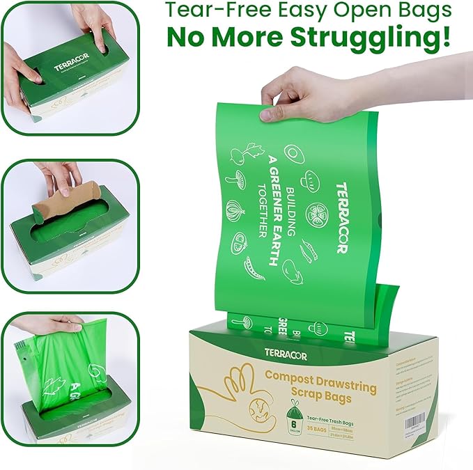 6 Gallon Compostable Trash Bags Drawstring, Heavy Duty Extra Thick 1 Mil, 35 Bags, Tall Kitchen Food Scrap Waste Bag, ASTM D6400