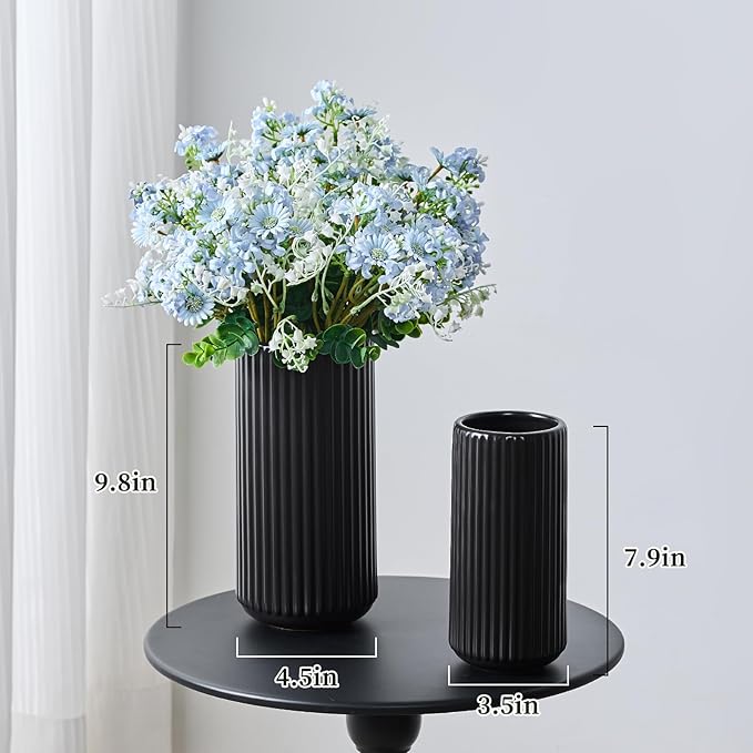 Black Ceramic Flower Vase for Pampas Grass, 10 inch Large Decorative Centerpiece Ribbed Vase for Dining Table, Office Desktop, Shelf Bookshelf, Mantel, Entryway, Bathroom, Countertop, Farmhouse, Gift