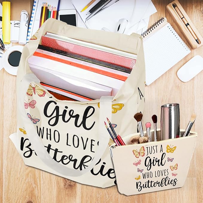 A Girl Loves Butterflies, Butterfly Decor Stuff Accessories, Butterfly Gifts for Women, Cute Canvas Tote Bag Makeup Bag for Women Friend Birthday Weekender Wedding Beach Shopping Mothers Day Christmas