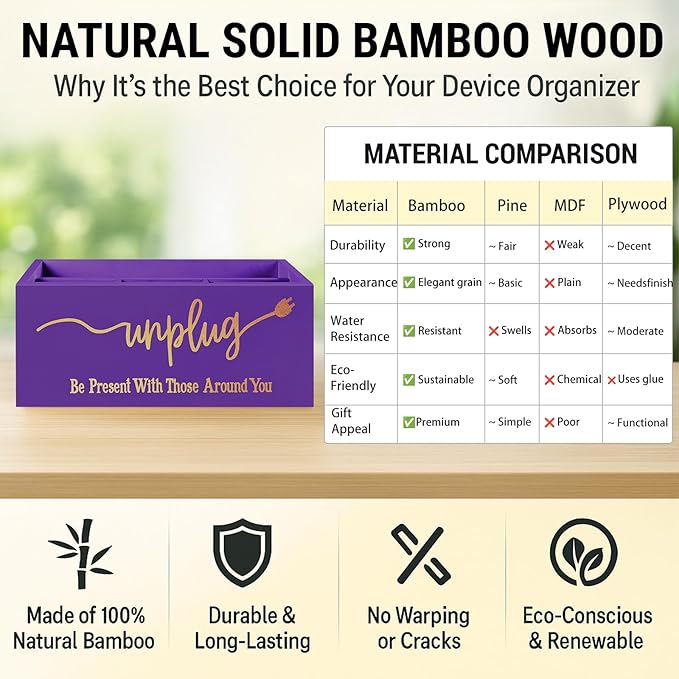 Bamboo Wood Phone Box – Unplug from Phones, Tablets, and Electronics for Study, Meetings, and Family Time, Phone Holder Organizer with Charging Holes, Farmhouse Style, Holds Up to 18 Phones-Purple