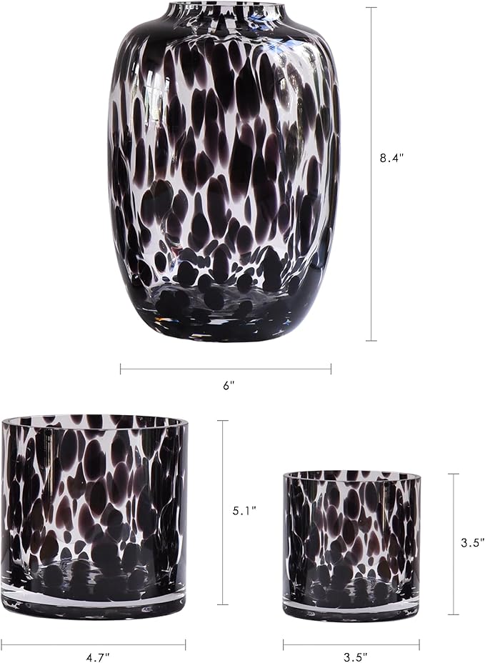 CONVIVA Glass Vase and Candle Holder Set, 3-Piece,Modern Fall Decor Table Centerpiece Thanksgiving Christmas Day Gift Idea,Flower Vase Black Tortoise Pattern
