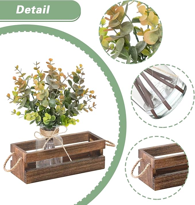 Artificial Eucalyptus Stems in Glass Vase with Faux Water,Combined with Wood Tray Centerpiece Table Decoration,11" Fake Plant with Orange-Green Leaves for Home Decor