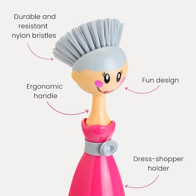 Vigar Dolls Dish Brush with Ergonomic Handle and Dress-Shaped Brush Holder, Dish Brush with Handle for Kitchen Dishes and Sink Cleaning, Pink, Gray