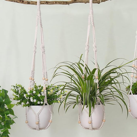 YIBOT Macrame Plant Hanger Indoor Outdoor, Up to 4-15 inch Pot, Heavy 20lb Planters, Extra Long Strong Hanging Planter Basket, Boho Home Decor, 35 Inch, Ivory, Set of 2 (POTS NOT Included)