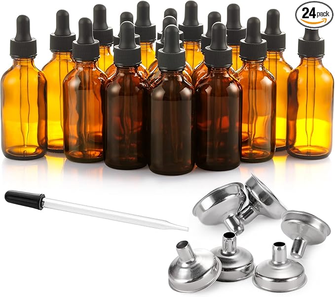24 Pcs, 2 oz Dark Amber Dropper Bottles with 6 Small Funnels & 1 Long Glass Labels - 60ml Tincture Bottles w/ Eye Dropper for Essential Oils, Perfume, Hair Oil, Liquids - Leak Proof Travel Bottles