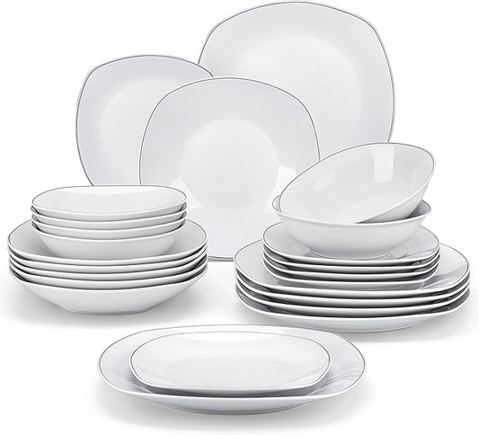 MALACASA Dinnerware Sets, 24 Piece Porcelain Square Dishes, White with Silver Rim Plates and Bowls Sets, Ceramic Dish Set for 6, Chip Resistant Dishware Sets, Series ELISA