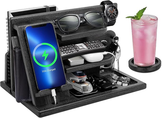 Gifts for Men Christmas, Wood Phone Docking Station, Mens Gifts for Birthday or Gifts for Dad Fathers Day, Desk Workspace Organizer Nightstand Organizer Key for Wallet & Watch Holder Husband Christmas