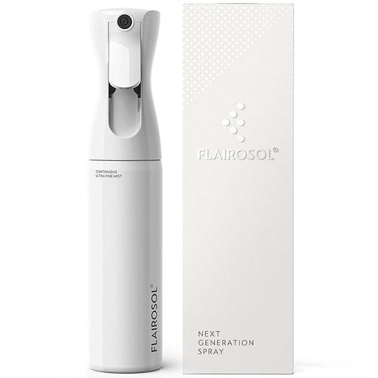 FLAIROSOL - The Original, Spray Bottle for Hair, Continuous Ultra Fine Water Mister Spray Bottle for Hairstyling, Barbers, Salons, Cleaning, Plants, 10.1oz/300ml, White Bottle - Black Print