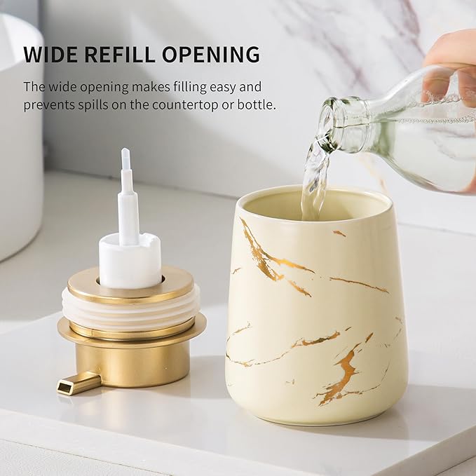 Enra Ceramic Foaming Soap Dispenser -12oz Modern Foam Gold Hand Soap Dispenser Bathroom, Refillable Dish Wash Soap Bottle for Kitchen with Large Pump(Glod Foam Type-Beige)