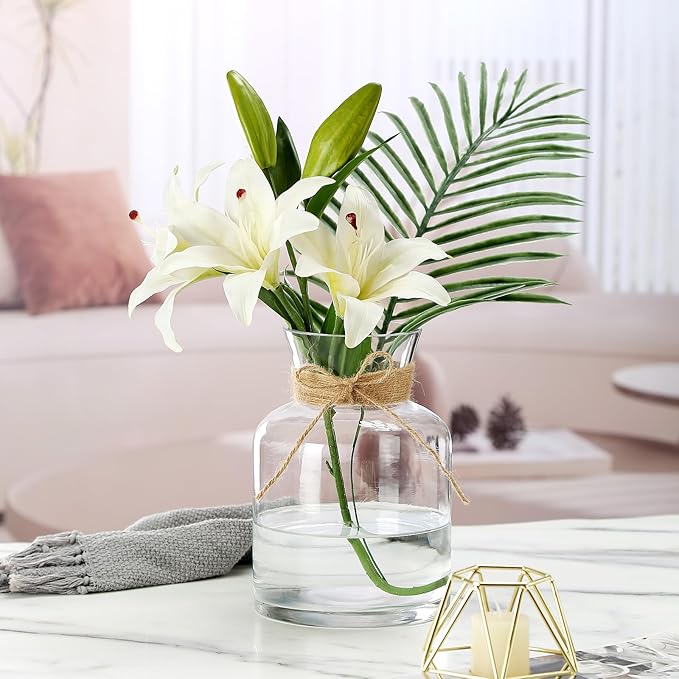 8" Decorative Modern Flower Vase with Twine Rope for Floral Arrangements, Wide Mouth Large Clear Glass Vase for Bouquet(Transparent) (Clear, 03)