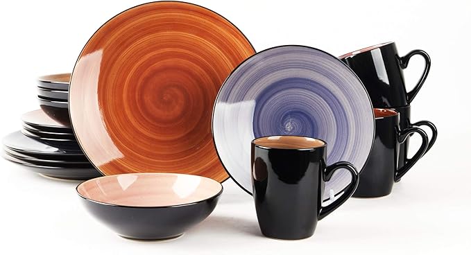 Sonoma 16pc Stoneware Dinnerware Set, Outside Black + Inside Hand Painting Combi Colors of Cobalt, Mocha, Rose and Spice with Speckle