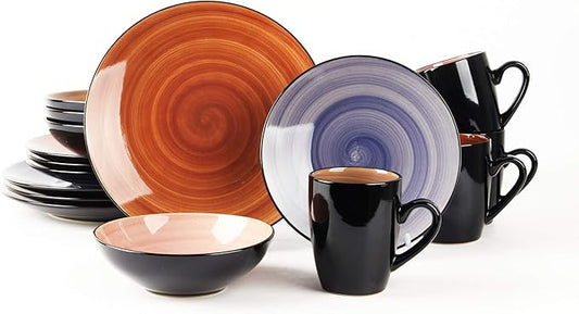 Sonoma 16pc Stoneware Dinnerware Set, Outside Black + Inside Hand Painting Combi Colors of Cobalt, Mocha, Rose and Spice with Speckle