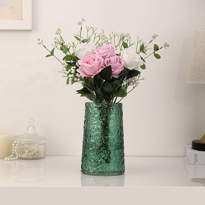 Green Glass Vase, Flower Vases for Bouquet, Modern Glass Vase for Flowers, Large Vases for Living Room, Bedroom, Kitchen, Office, Wedding, Dining Table, 8 Inches