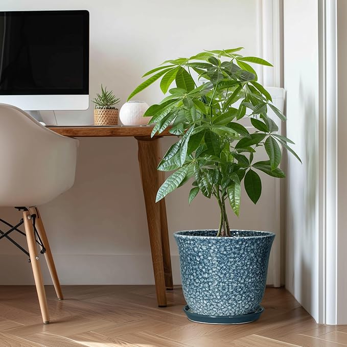 Ceramic Plant Pots - 12 Inch Pots for Plants Indoor Outdoor, Large Round Planter with Drainage Hole and Saucer, Modern Decorative Planters, Garden House Decor, House Warming Gifts, Blue