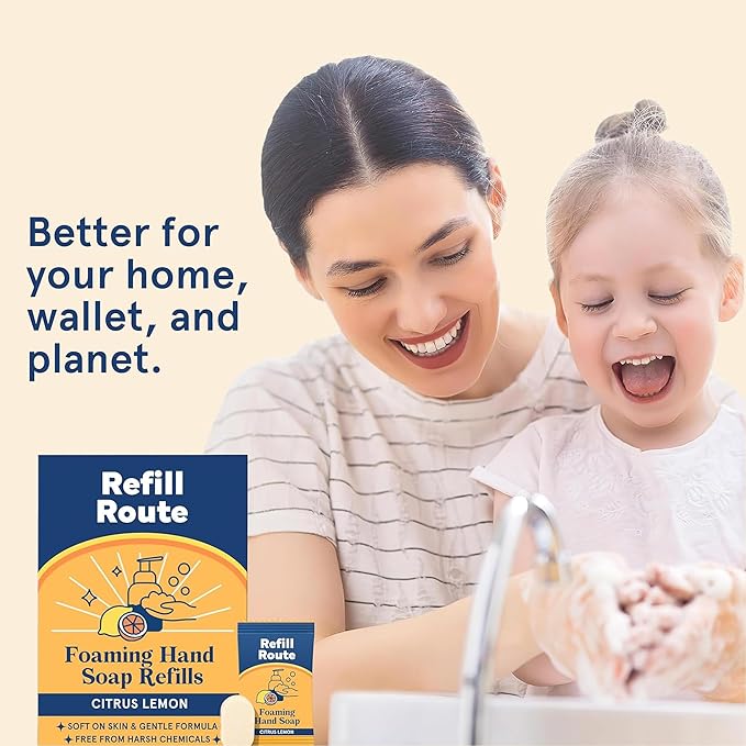 Foaming Hand Soap Refills & Dispenser Glass, 12 Hand Soap Tablets+1 Foaming Dispensers+2 Microfiber Cloths, Make 96 fl oz(12 x 8) - No Plastic, Vegan, Cleansing & Moisturizing, Lemon Scent