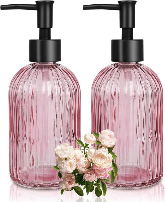 Glass Soap Dispenser with Plastic Pump, Hand Soap Dispenser for Hand Wash, Lotion Dispenser for Dishwashing Liquid, Lotion Shower Gel (Striped Pink)