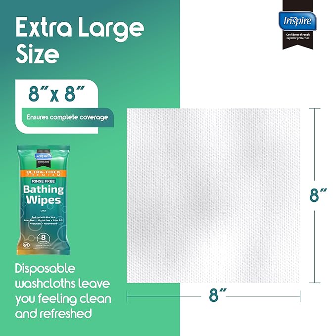 Inspire Ultra Thick Rinse-Free Bath Towels | Shower Towels - Flush-Free Wet Wipes with Aloe | Thick Strong Extra Large Towel for Adults | Body Wipes for Adults Bathing No Rinse