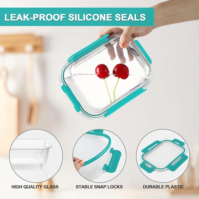 KAMOTA Glass Food Storage Containers, Green Glass Meal Prep Containers, Airtight Containers with Snap-Lock Lids, Set of 12, for Microwave/Oven/Freezer/Dishwasher