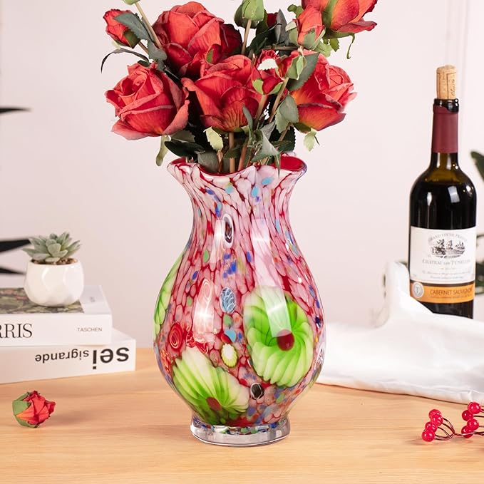 KAMMAK Colored Glass Vase, Beautiful Hand Blown Decorative Vase, Modern Art Vase for Flower Mantle Dining Table Centerpiece, Entryway Living Room Wedding Decoration, FH025