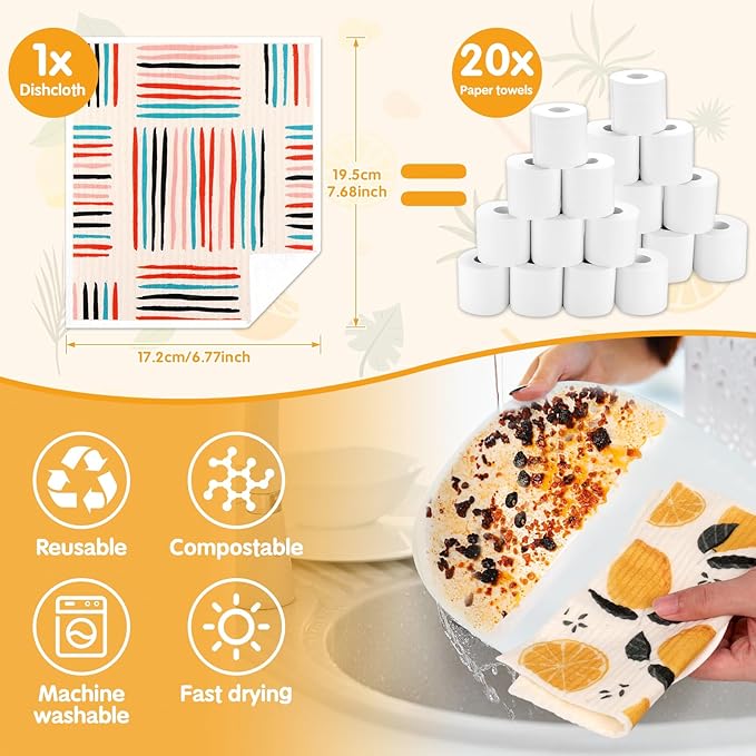 Lucomb 10 Pack Swedish Dishcloths Washable, Reusable Swedish Cloths Biodegradable Kitchen Towels with Hanging Clips, Cellulose Cotton Blend, Lemon Prints