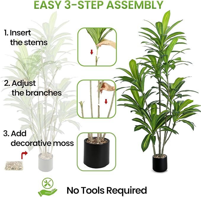 6FT Artificial Dracaena Tree, Faux Dracaena Plant with Stones in Black Round Planter, Tall Fake Floor Plant for Indoor Home Office Living Room Decor