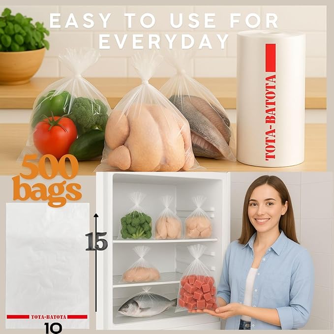 Plastic Produce Bags on Rolls – 2000 Count (4 Rolls), 10x15 in, Clear Food Storage Bags with Easy Tear Red Line, for Fruits, Vegetables, Meat, Freezer, Grocery & Commercial Use, TOTA-BATOTA