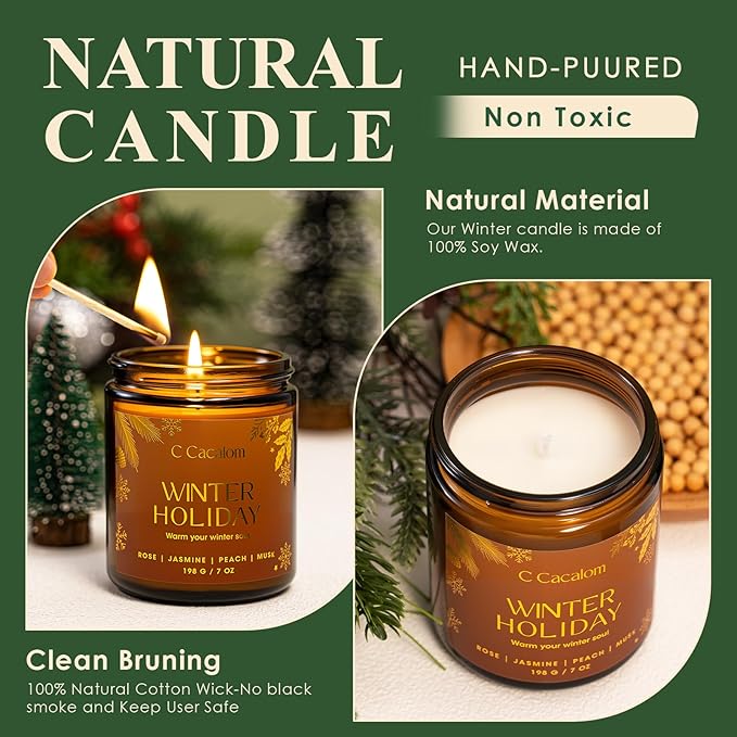 Christmas Soy Candles for Christmas Home Decor Non-Toxic Aromatherapy Scented Candles for Holiday Christmas Gifts, Cozy Cute Jar Candle, Winter Candle for Women Men, Winter Holiday Jasmine Rose Candle