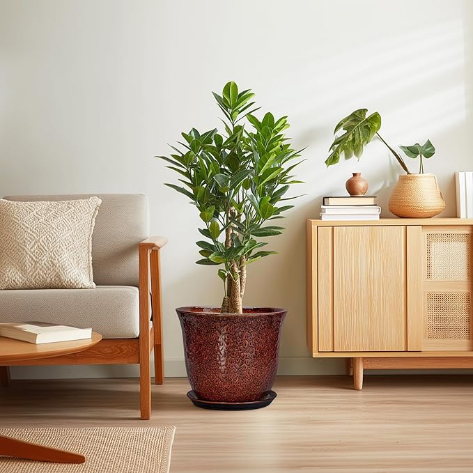 Ceramic Pots for Plants - 12 Inch Plant Pot for Indoor Outdoor, Round Planter with Drainage Hole and Saucer, Large Decorative Planters, Modern Flower Pot, Office Decor, Garden Gifts, Red