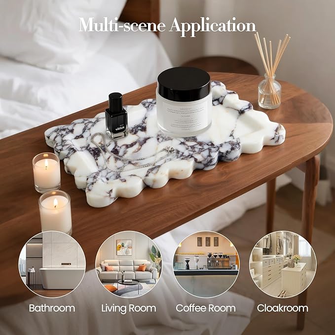 Calacatta Viola Natural Marble Tray, Scalloped Bathroom Tray, Luxury Decorative Trays for Bathroom, Vanity, Dresser, Kitchen & Home Decor, House Warming Gifts New Home (Rectangle,12x7.4 Inch)