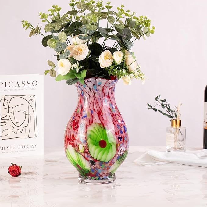 KAMMAK Colored Glass Vase, Beautiful Hand Blown Decorative Vase, Modern Art Vase for Flower Mantle Dining Table Centerpiece, Entryway Living Room Wedding Decoration, FH025
