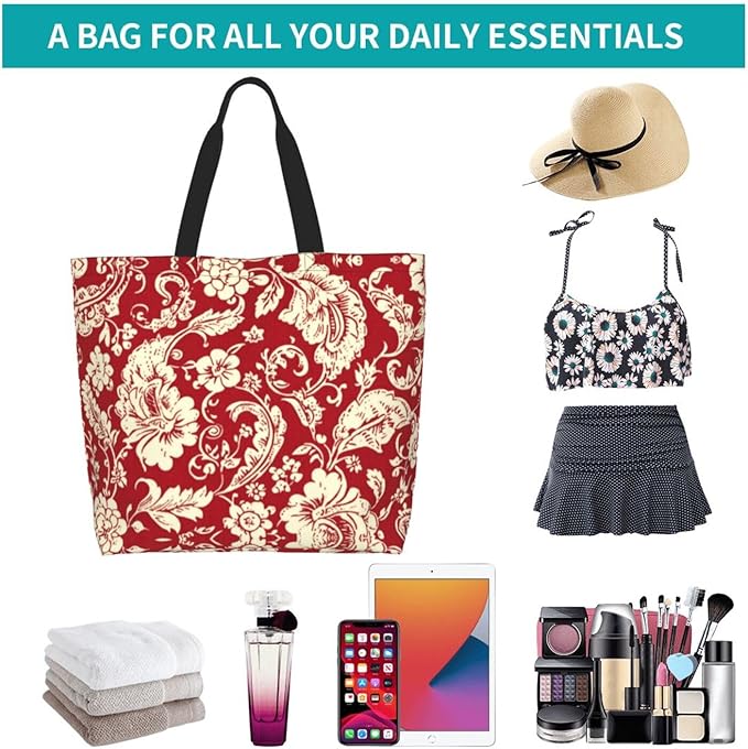 Tote Bag Shoulder Bags for Women Grocery Shopping Bag Reusable Bags Boho-Red Paisley 1