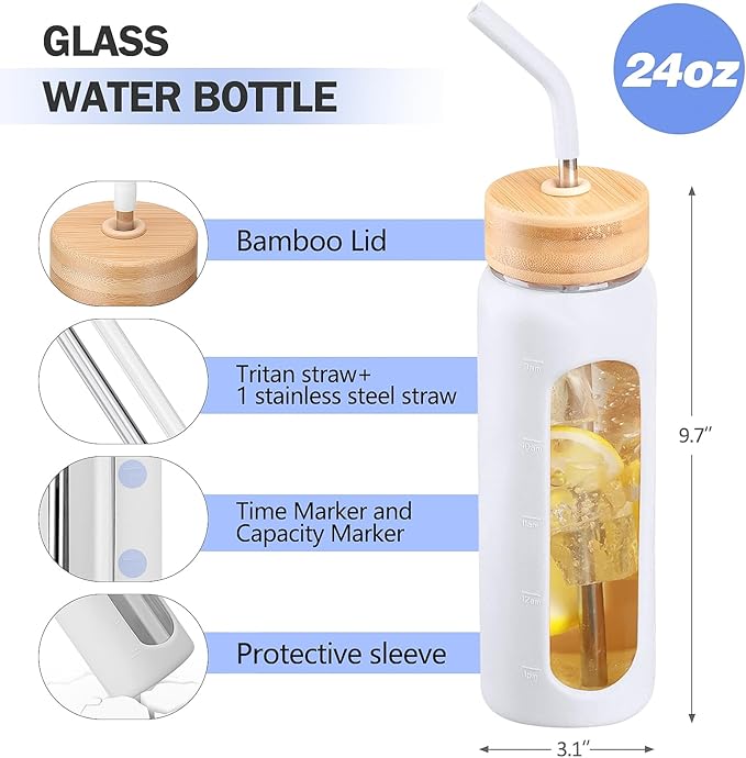 24oz Glass Water Bottle with Straw and 2 Lids-Bamboo and Spout Lid, Borosilicate Glass Water Bottle with Silicone Sleeve and Time Marker,BPA Free & Cupholder Friendly,White