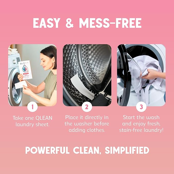 QLEAN Laundry Detergent Sheets – Travel-Friendly, HE & Standard Washer Safe, Liquidless Laundry Soaps, Quick-Dissolving Formula, Skin-Friendly (120 Loads, Ruby Sunset Bliss)