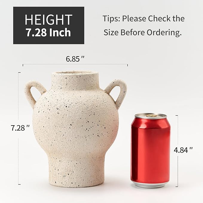 LUKA Antique Ceramic Vase with 2 Handle,7.28 inches Rustic Vase Minimalist Decor, Decorative Vases for Home Decor, Table, Living Room, Shelf, Christmas Decoration(Medium,White)