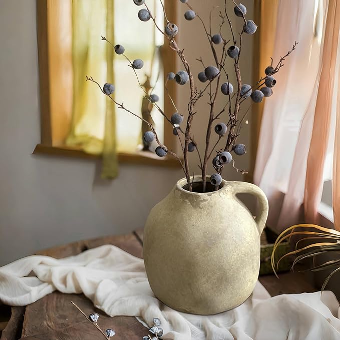 Ceramic Rustic Vase with Handle, Beige Vintage Pottery Flower Vase, Rustic Farmhouse Home Decor for Living Room, Kitchen, Thanksgiving Centerpieces, 5.6 Inch