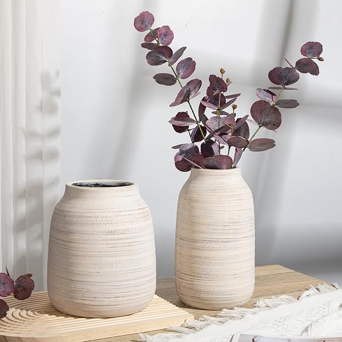 Briful 9.6in Large Rustic Shabby White Ceramic Vase,Vintage Farmhouse Flowers Vase,Shabby Terra Cotta Vase, Antique Pottery Decorative Pampas Vase for Home Office Table Shelf Mantel Porch Decorations