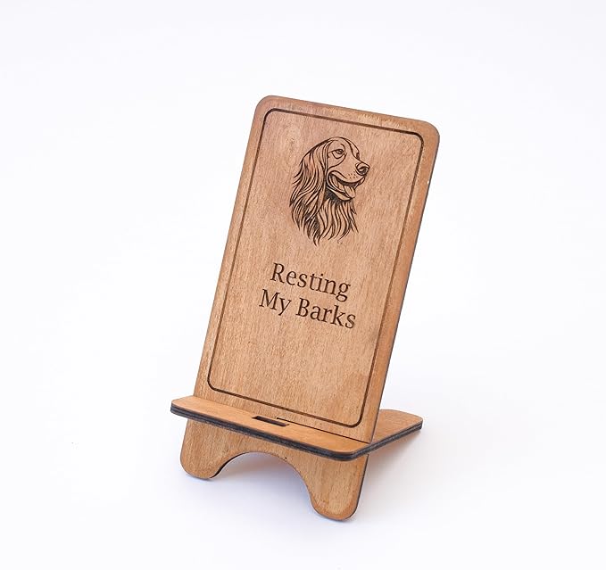 Design Your Own Phone Stand Personalized Wooden Holder Custom Pet Name Engraved Handmade Desk and Home Accessory Gift (Resting My Barks Golden)