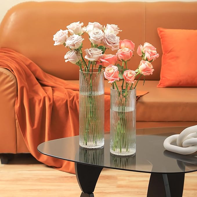 Clear Glass Vases, Glass Flower Vases Set of 2, Ribbed Glass Vases, Clear Vase, Tall Cylinder Vase for Centerpieces, Living Room, Bedroom, Dining Table, Office, Wedding, Bookshelf