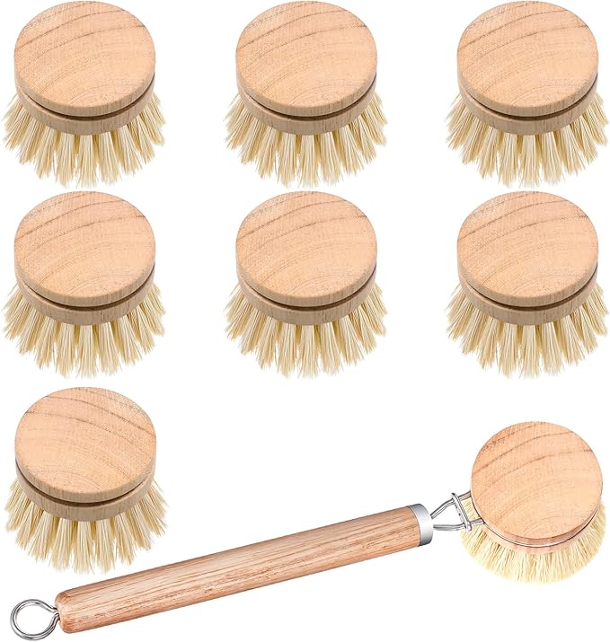 8 Pcs Wooden Dish Brush with Handle Bamboo Scrub Brush for Dishes with Dish Brush Replacement Head Dish Brush for Kitchen Cleaning Dishes