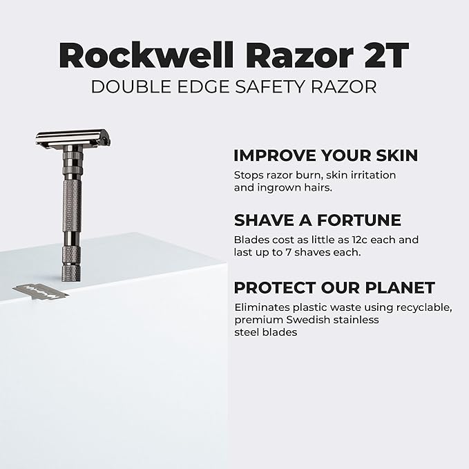 Rockwell T2 | Twist-To-Open (TTO) Double-Edge Safety Razor | Full Metal | Includes 5 Fully Recyclable Stainless Steel Blades (Gunmetal Chrome)