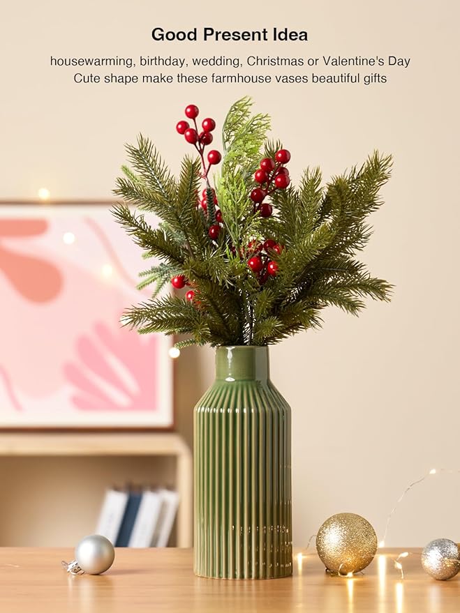 Green Ceramic Flower Vase, Minimalist Home Decoration, 8 Inch Small Pampas Grass Vases for Kitchen, Bedroom, Office, Living Room, Bathroom, Shelf Centerpiece Table