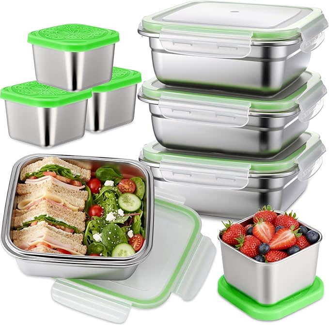4 Pack Sandwich Containers for 25 Oz and 4 Pack Snack Boxes for 6 oz Stainless Steel Containers with Silicone Lids Reusable Metal Lunch Boxes Dishwasher Safe to Meal Prep Food Storage