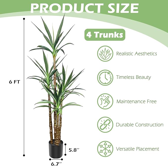 Artificial Trees 6Ft Faux Tree 4 Heads Agave Plant, Tall Fake Plant with Plastic Pot for Home Decor, Office Decor