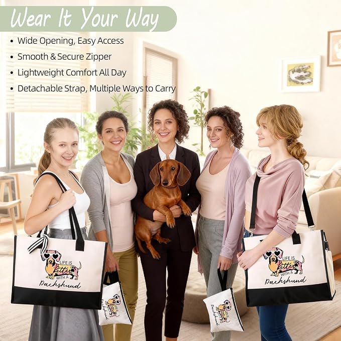 Dachshund Gifts for Women, Weiner Dog Canvas Tote Bag with Zipper for Dachshund Lovers Travel, Shopping, Beach – Perfect Weenie Dog Gifts for Mother's Day, Christmas, Birthday