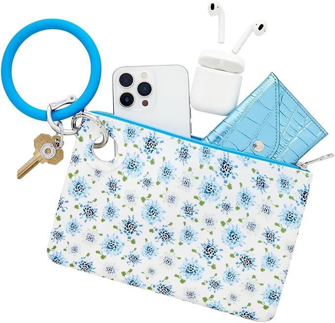 Oventure Large Silicone Pouch - Fifty States Blue Floral Print | Waterproof Zipper Bag & Holiday Gift for Women, Makeup & Travel