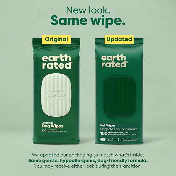 Earth Rated Pet Wipes for Dogs and Cats, Hypoallergenic, Cleaning and Hydrating, for Grooming Paws, Body and Butt, Unscented, 100 Count
