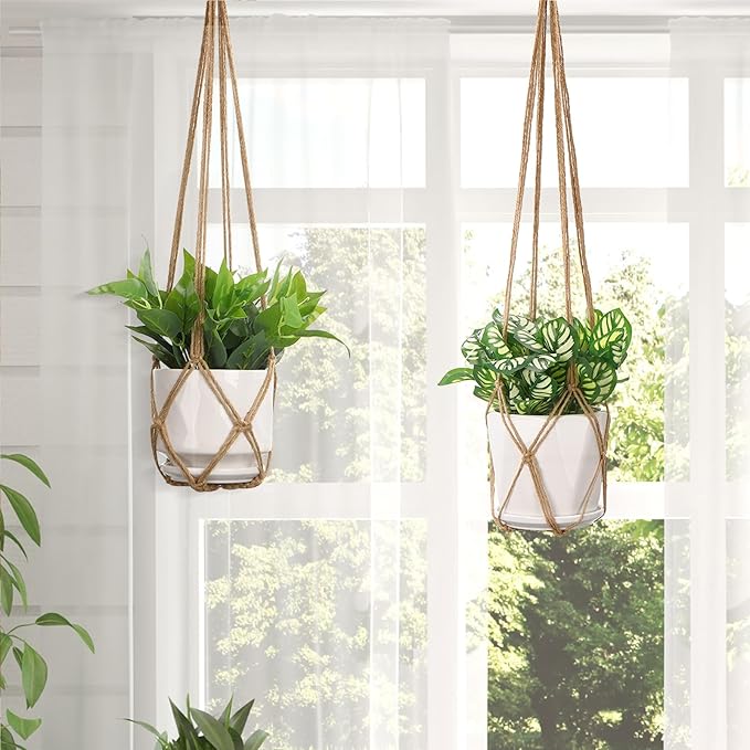 YIBOT Macrame Plant Hanger Indoor Set of 2 with 2 S Hooks, Indoor Outdoor Hanging Planter for Plants Holder with Decorative No Tassels, Boho Home Decor, 35 Inch, Brown (Pots Not Included)