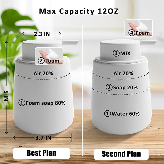 Soap Foaming Dispenser Ceramic with Easy-to-Press Pump Hand Foam Dispenser for Shampoo Bathroom Kitchen 12 oz