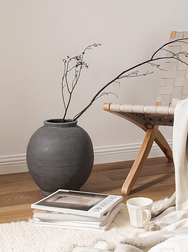 Black Ceramic Vase - Large 12.5 Inch Round Floor Vase for Centerpieces, Farmhouse Rustic Minimalist Home Decor (Sandstone Black)