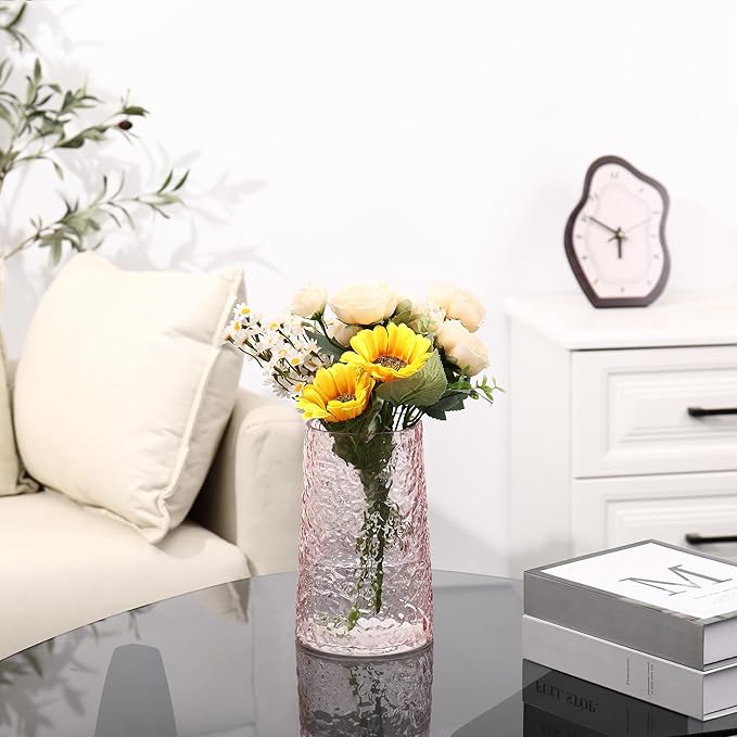 Pink Glass Vase, Flower Vases for Bouquet, Modern Glass Vase for Flowers, Large Vases for Living Room, Bedroom, Kitchen, Office, Wedding, Dining Table, 8 Inches